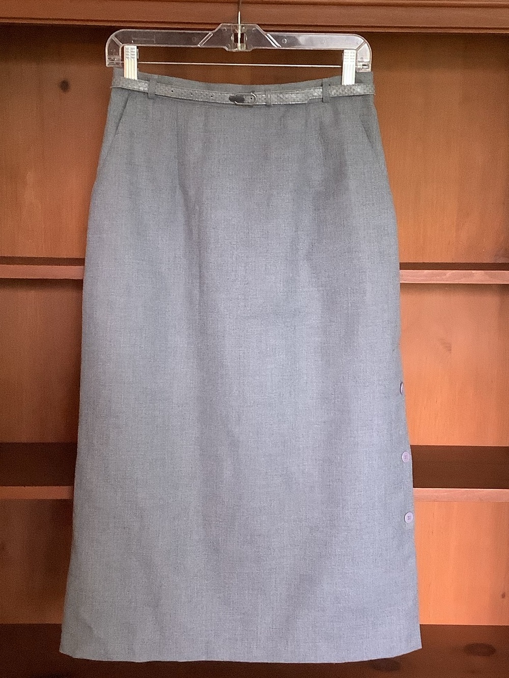 Vtg 80s 90s Grey Midi Pencil Skirt Side Button Slit Belted Pockets Size 11